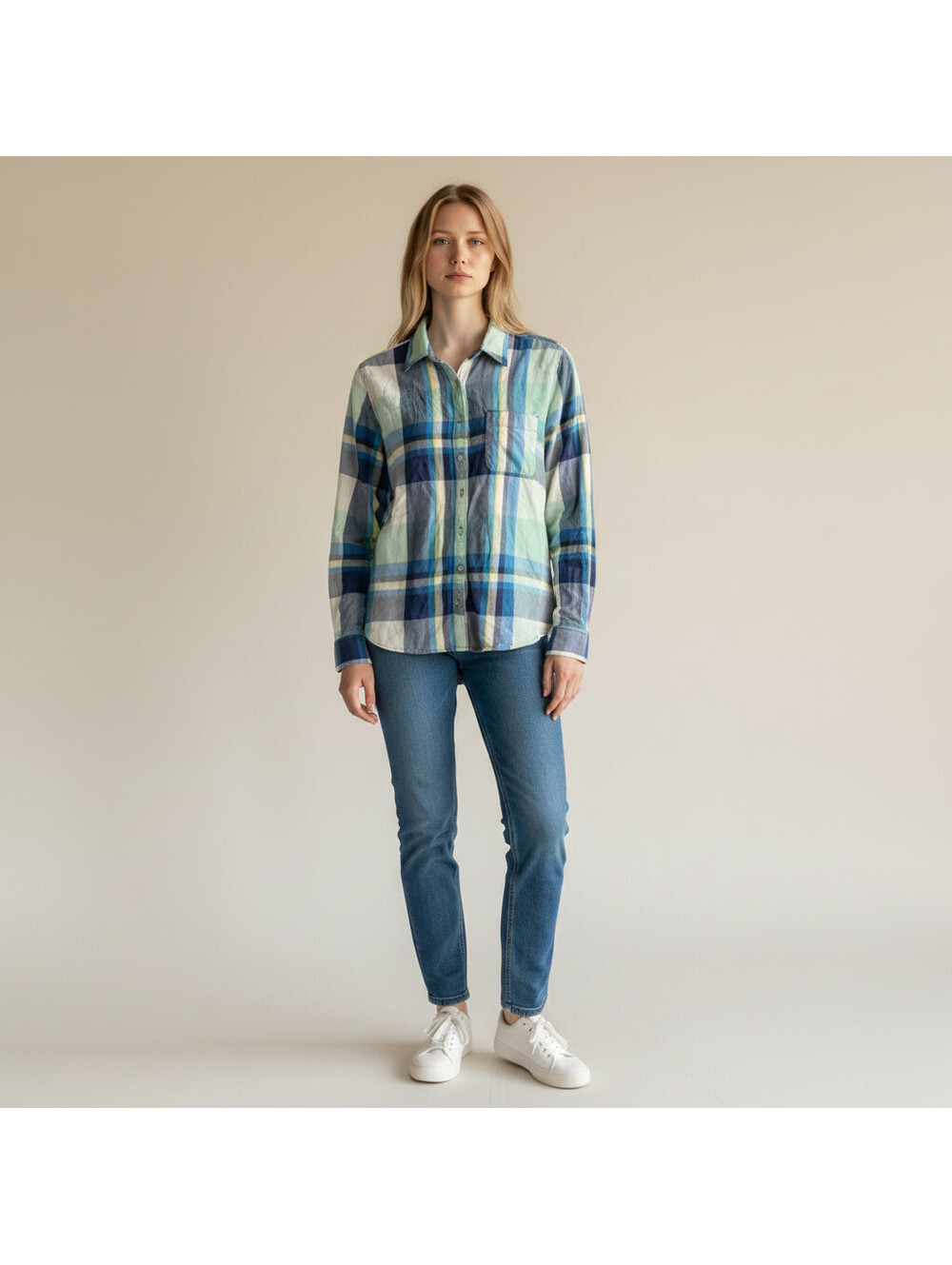 Unbranded Shirt Women L Large Blue Plaid Button Up Collared Long Sleeve Pockets